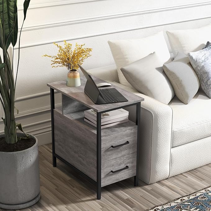 Livofloral Side Table, Gray End Tables with Charging Station, Narrow End Table with Wooden Drawers, USB Ports and Power Outlets, Nightstand and Bedside Table, Side Table Living Room, Bedroom