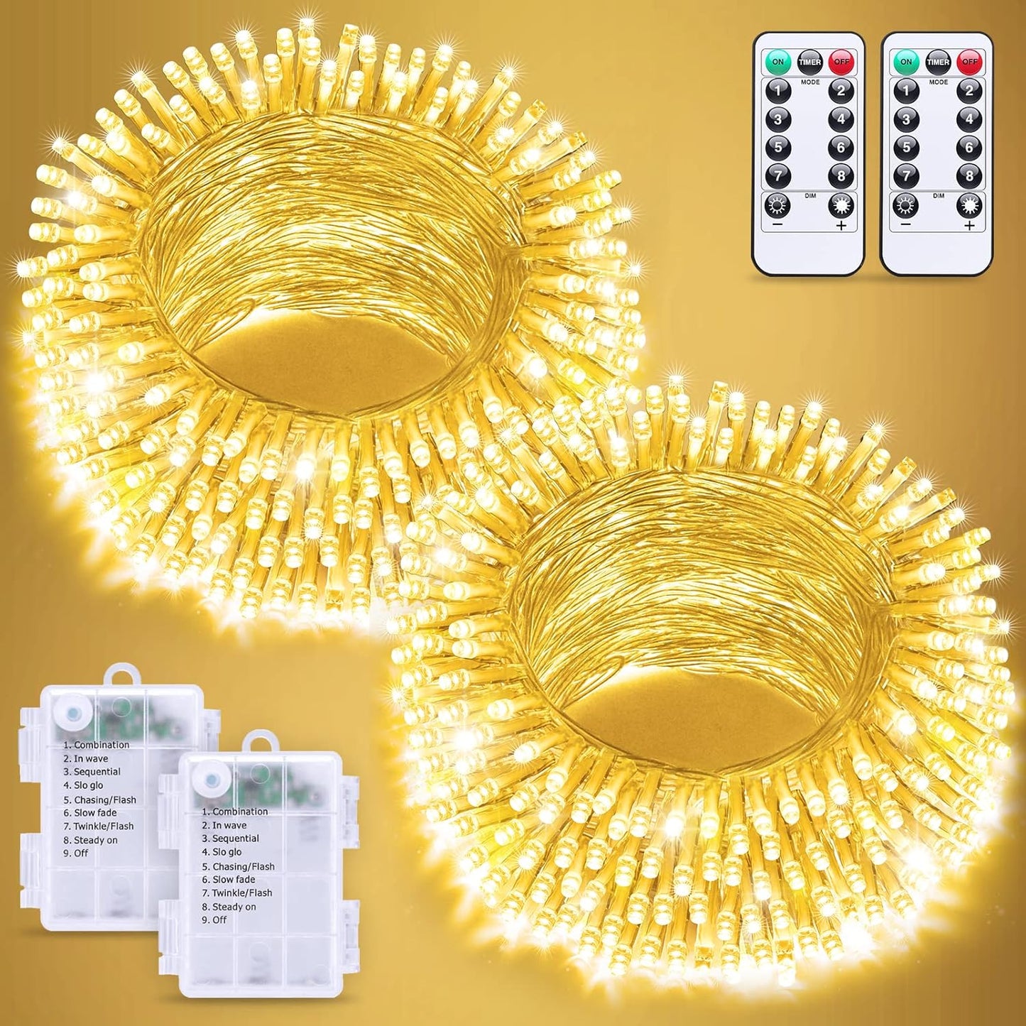 JMEXSUSS 2 Pack Battery Operated String Lights with Remote, Total 66ft 200 LED Battery Christmas Lights Outdoor Indoor, Twinkle Light for Christmas Tree Bedroom Porch Garland Yard Decor (Warm White)