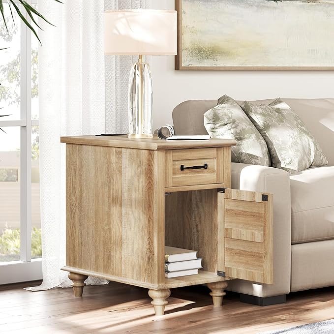WAMPAT Farmhouse End Table with Charging Station, Light Wood Sofa Side Table with Storage Cabinet, Narrow Night Stand Bedside Table with Drawer for Living Room, Bedroom, Oak