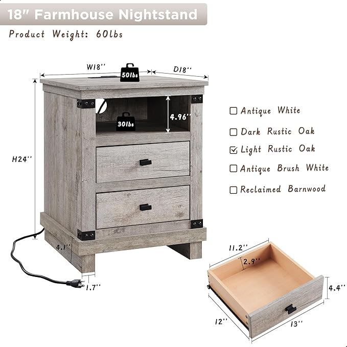 RedLemon Farmhouse Nightstand with Charging Station, 18" Rustic Night Stand with 2 Storage Drawers, Wood End Table for Bedroom, Living Room, Light Rustic Oak