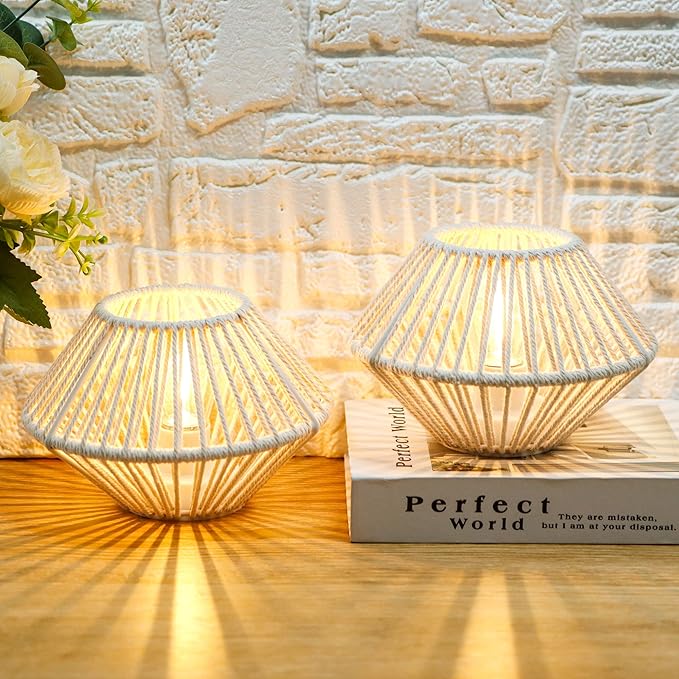 TRIROCKS Woven Cotton Rope Table Lamp Set of 2, 5" Cordless Battery Operated Desk Lamp, Boho Wireless LED Lamps for Indoor/Outdoor Bedroom Living Room Weddings Parties Patio Events
