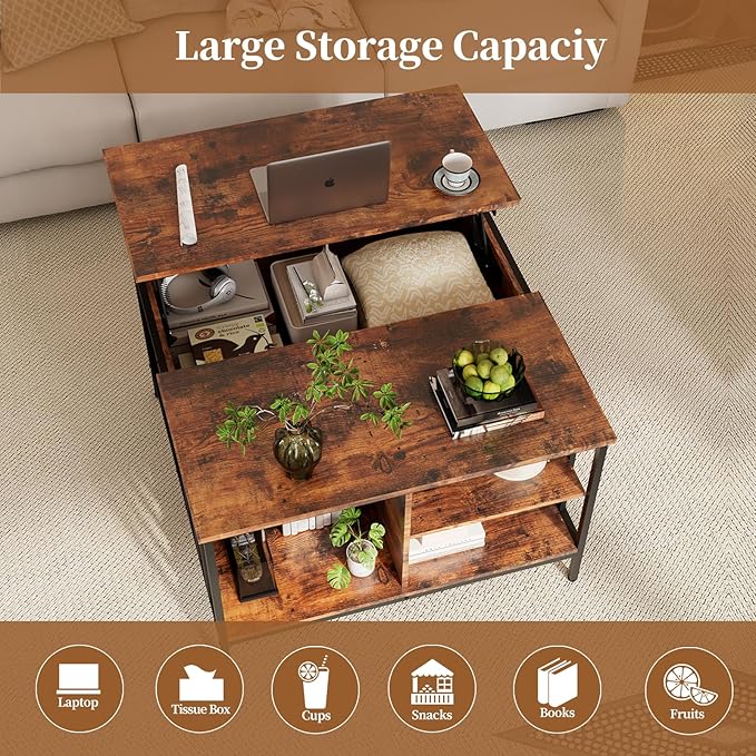 AQY 32.4" Lift Top Coffee Table with Storage, Square Coffee Tables for Living Room, Modern Farmhouse Heavy Duty Coffee Table with Large Hidden Compartment and Storage Shelves,Assembly Required