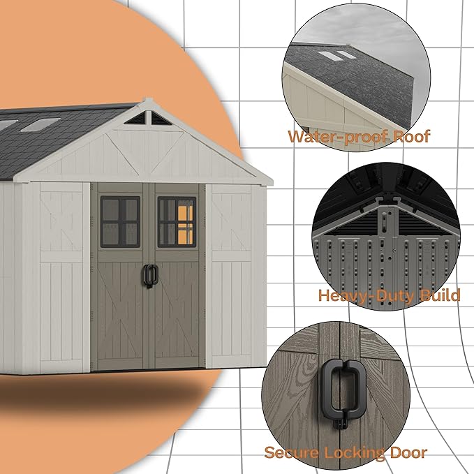 Devoko 10x10 FT Resin Outdoor Storage Shed with Floor, Plastic Tool Garden Shed with Windows & Lockable Door, Outside Large Storage Shed for Patio Backyard Lawn, Beige