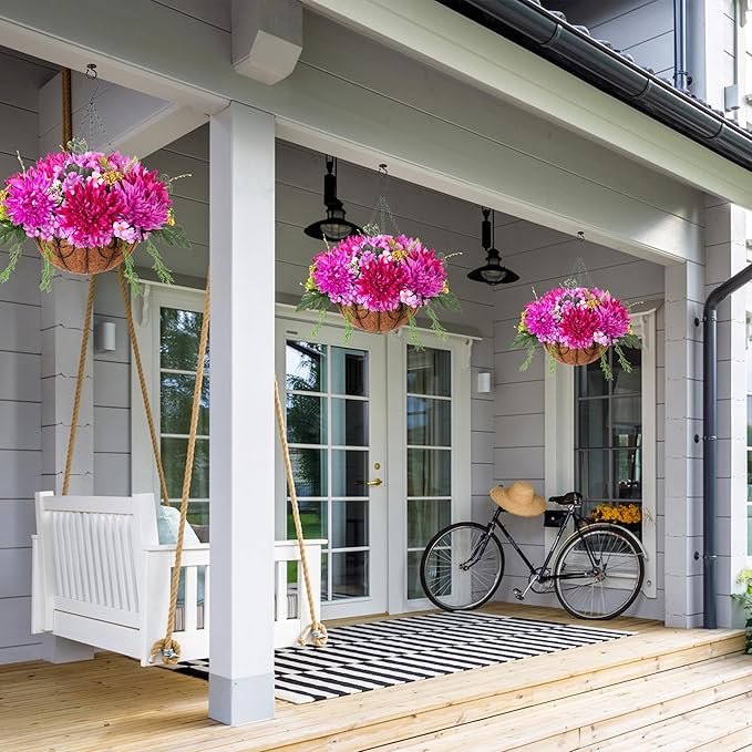 HyeFlora Artificial Fall Mums Flowers Baskets for Outside Decoration, Fake Hanging Silk Fuchsia Flower, Faux Chrysanthemum Summer UV Resistant Realistic for Porch Yard Autumn Decor