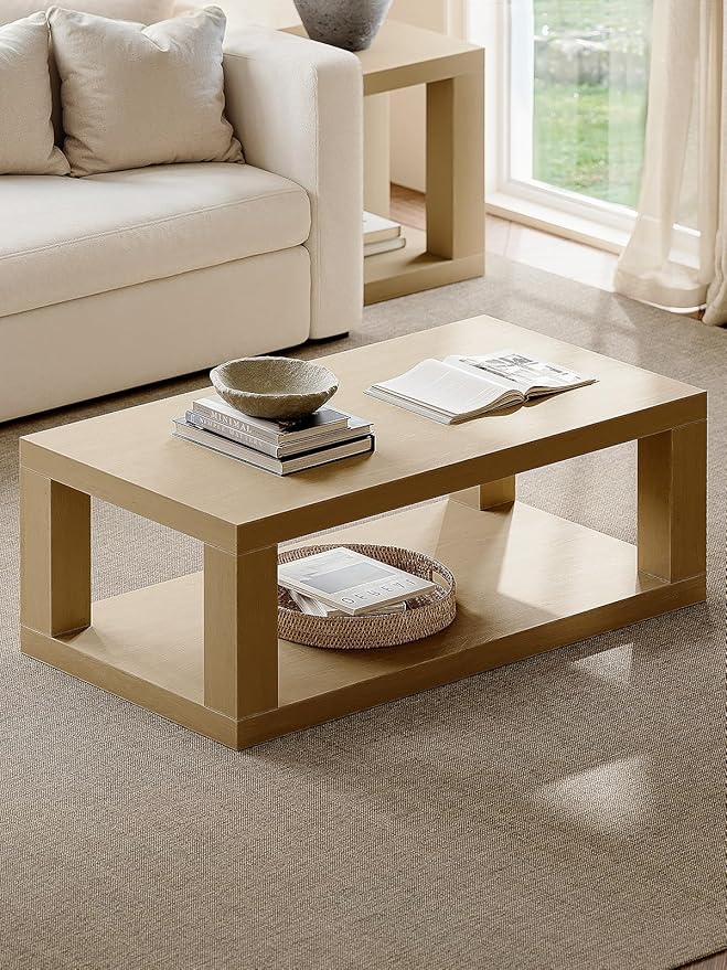 Wooden Coffee Table, 47" Rectangle Coffee Table with 2-Tier Storage Space, Large Farmhouse Center Table Space Saving, Coffee Tables for Living Room Home Office Apartment, Easy Assembly