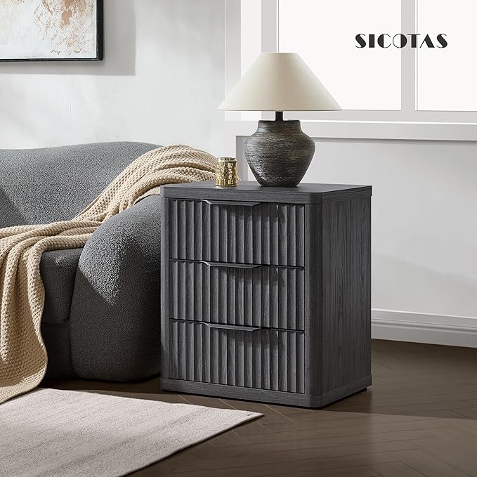 SICOTAS Night Stand Nightstand with 3 Drawers Storage Bedside Table Large Fluted Bed Side End Table Modern 25.6" Tall Wide Night Stands for Bedroom Living Room Sofa Couch Home Office, Dark Grey Alder