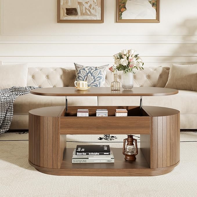 Lift Top Coffee Table, Oval Fluted Coffee Table with Storage for Living Room, Mid Century Modern Wooden Center Tables with 2 Tier Shelf, 43 Inch Tea Table Hidden Compartment for Home Office, Walnut