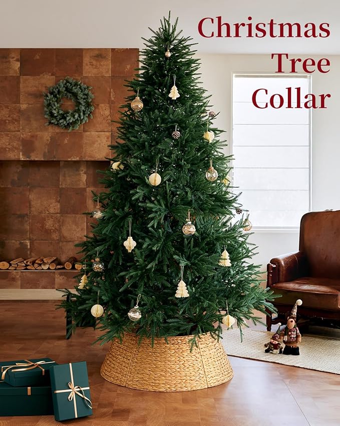 36in Large Christmas Tree Collar - Woven Hyacinth Tree Collars for Artificial Trees - Rattan Rustic Farmhouse Basket for Tree Base Cover with Cord Cut-Out for 7.5ft 9ft 10ft Tree (Natural)