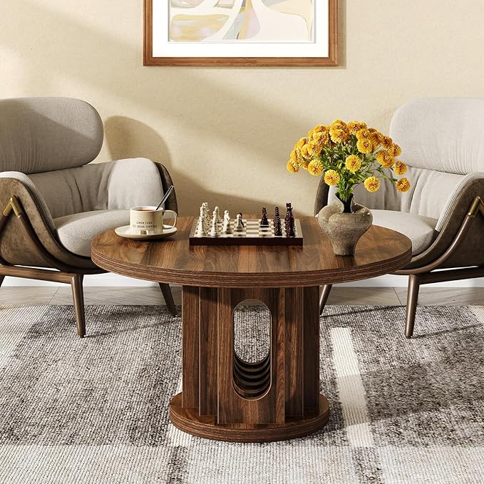 31.5" Round Coffee Table, Small Wooden Circle Center Table Hole Panel Splice Design Coffee Tables for Living Room, Thickened Edge MDF Board, Walnut