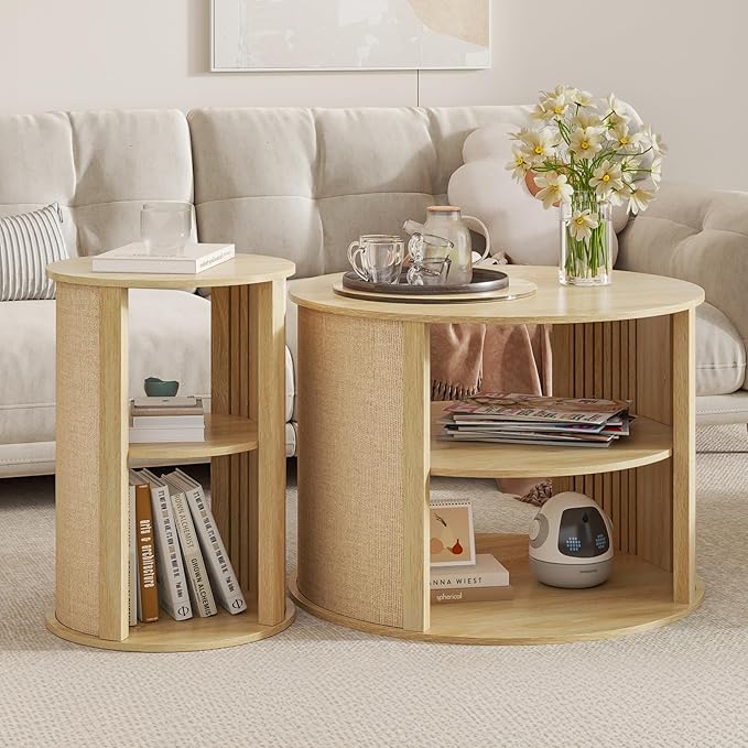 Wood Round Coffee Table Set, 2-Tier Farmhouse Center Coffee Table and End Table Sets of 2 with Adjustable Shelf, Sackcloth Finish, Boho, for Living Room, 27.5 Inches, Nature