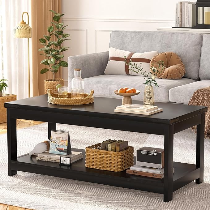 Homieasy Coffee Table with Storage Shelf, 43.3” Farmhouse Wood Coffee Tables for Living Room, Modern Center Tea Table, Black