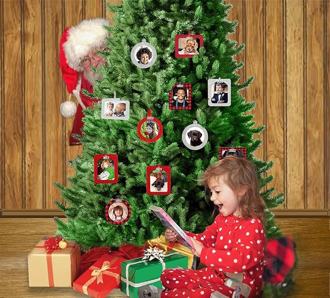2025 Photo Ornaments for Christmas Tree, Sparkly Glitter Christmas Frame Ornament, Easy-Load Magnetic Design, Includes Satin Ribbon, Silver Charm & Photo Protector, Vertical, Silver