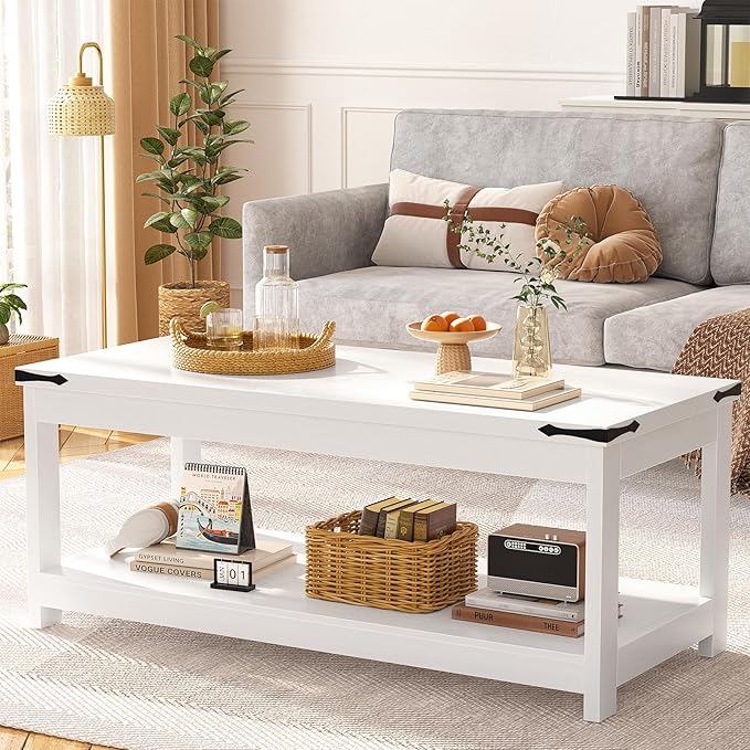 Homieasy Coffee Table with Storage Shelf, 43.3” Farmhouse Wood Coffee Tables for Living Room, Modern Center Tea Table, White