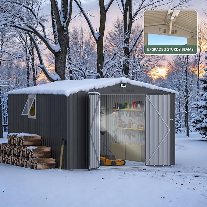 10x12 FT Metal Storage Shed,Outdoor Storage Building with Lockable Doors & 1 Vented Clear Window,Large Backyard Sheds,Waterproof Outside Storage Sheds