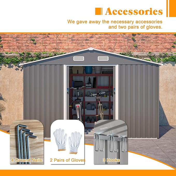 10x8 FT Outdoor Storage Shed with Floor Frame, Metal Sheds Included Double Air Vents & Lockable Sliding Door Foundation Steel Garden Tool Shed with Waterproof Roof Ideal for Backyard Patio Dark Gray
