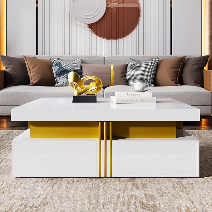 Merax 43.3" Modern Glossy Square Storage Coffee Table with 4 Drawers, Gold Accents, Functional Center Tables for Living Room Apartment, Glossy White