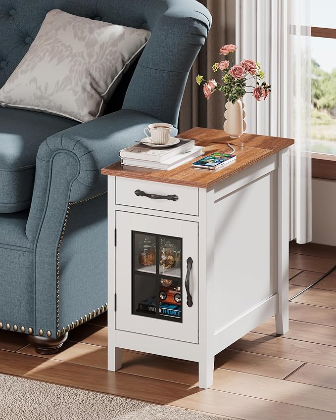 WLIVE End Table with Charging Station, Narrow Side Table for Living Room, Farmhouse Night Stand with Storage, Small Wooden Cabinet Nightstand with USB Ports and Outlets, 23.7" D x 13.78" W x 23.7" H