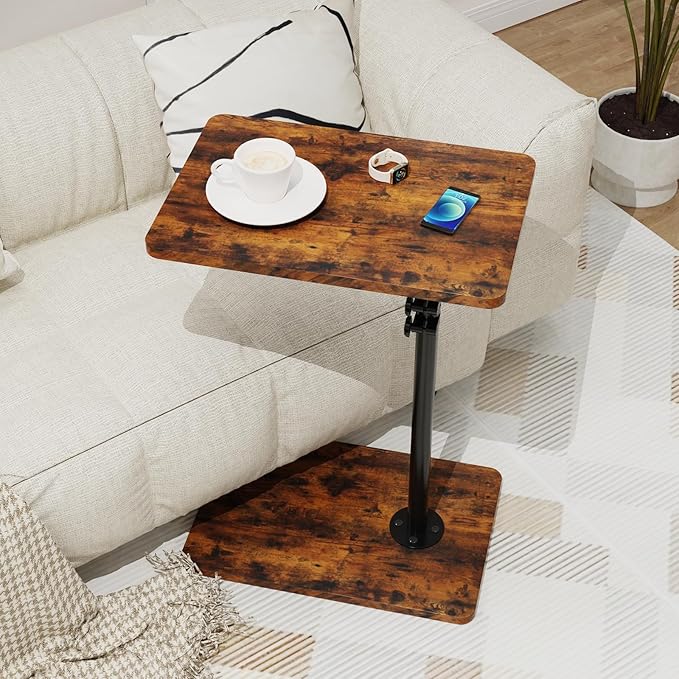 TV Tray Table, Adjustable C Shaped End Table for Couch, 360°Swivel Couch Side Table C Table That Slide Under Couch Desk for Small Space Sofa Bed Snack Living Room Bedroom(Rustic)