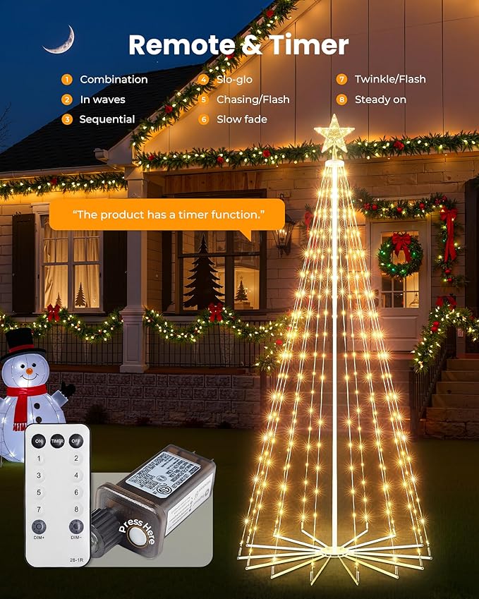 Outdoor Christmas Cone Tree Light with Star Topper, 6ft 265 LED Lightshow Christmas Tree with 8 Modes Timer Remote, Dimmable Artificial Tree for Porch Yard Patio Indoor Decorations, Warm White