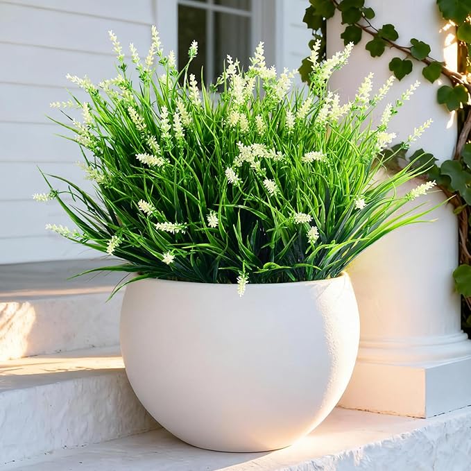 12 Bundles Artificial Lavender Flowers Faux Plants for Outdoor Fake Monkey Grass with Flowers Realistic Faux Greenery Shrubs for Porch Planters Patio Garden Window Boxes Pathway Decor (White)