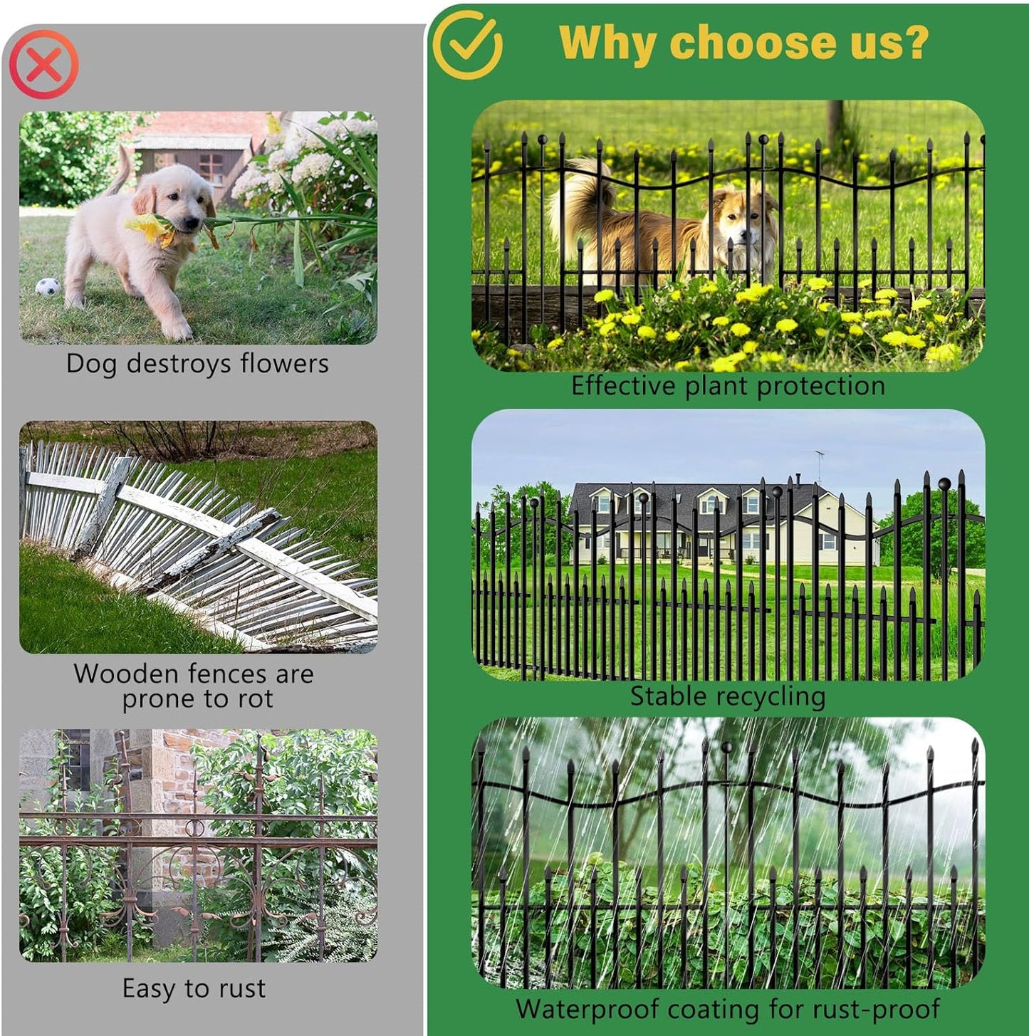 10 Panels No Dig Decorative Garden Fence with Gate, 24in(H) × 22ft(L) Heavy-Duty Rustproof Metal Panels, Outdoor Dog Barrier for Yard & Patio, Landscape, Border| Portable Temporary Fencing
