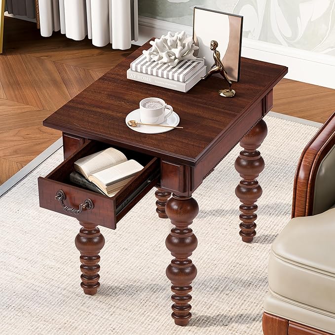 Amposei Retro Wooden Side End Table Vintage Nightstand Bedside Table with 1 Storage Drawer & Solid Wood Legs for Living Room Bedroom, No Assembly, Walnut