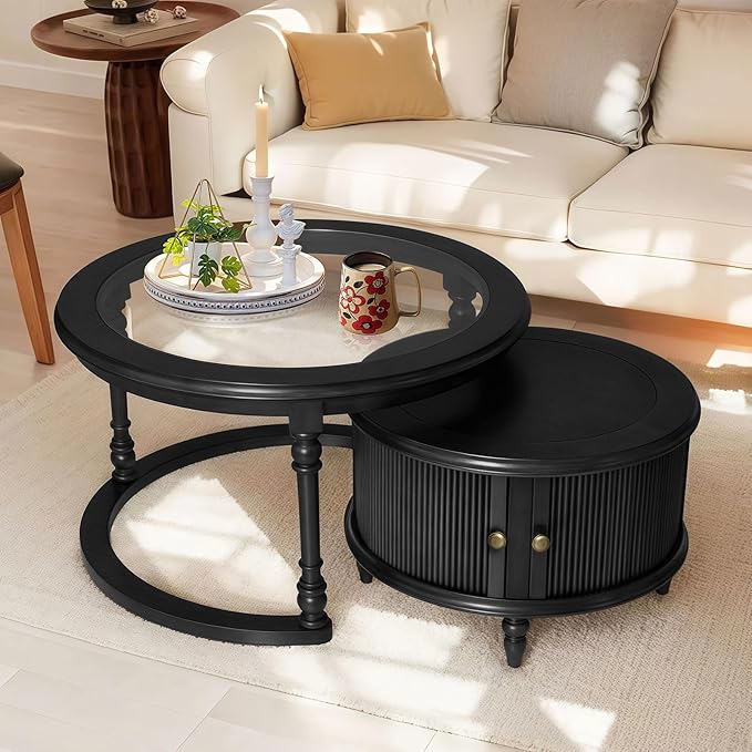 LKTART Nesting Coffee Table for Living Room, Round Tempered Glass Solid Wood Nest Coffee Tables with Storage, Retro Small Accent Center Table for Small Space Apartment (31.5''D×18''H-Balck)