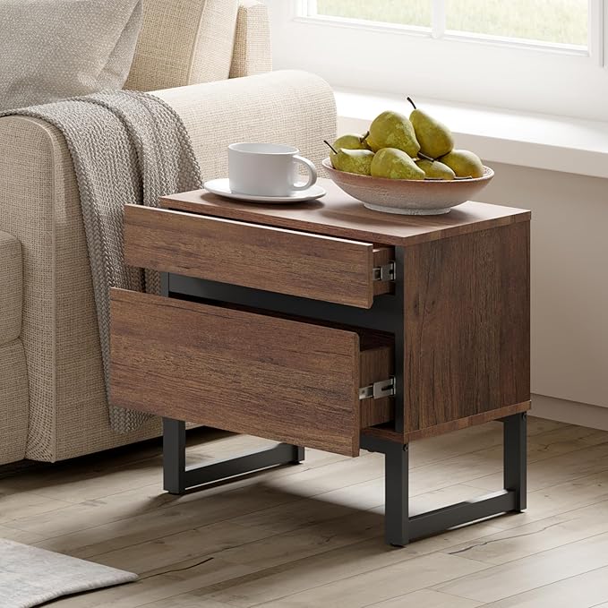 WAMPAT 2 Pack Modern End Table with 2 Drawers, Farmhouse Sofa Table with Black Square Iron Leg, Wood Rustic Side End Table for Living Room, Nighstand for Bedroom, Brown