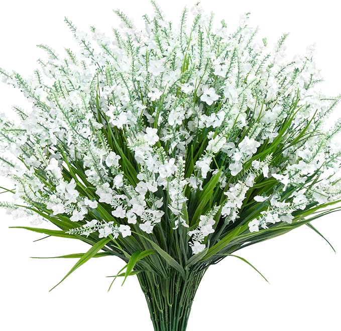 20 Bundles Artificial Lavender Flowers for Outdoors Fake Silk Flowers Faux Plants UV Resistant for Indoor Outside Spring Porch Garden Window Table Box Office Home Decorations, White