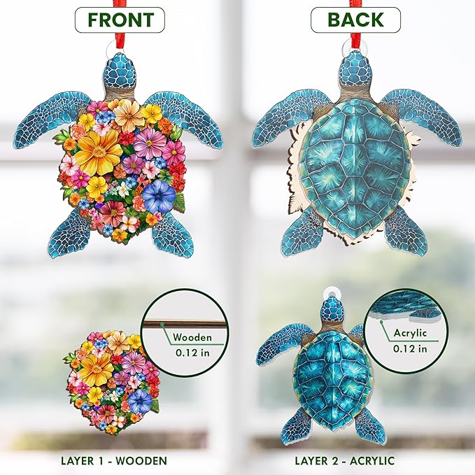 Christmas Beach Gifts for Women - 2D Flat (Not 3D) Suncatcher Christmas Ornaments 2025 - Sea Turtle Ornament Beach Decor, Turtle Ornaments for Tree, Ocean Ornament, Ocean Gifts for Mom Grandma
