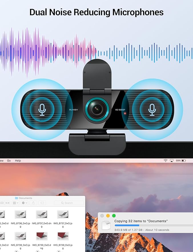 RUWBY Full HD 1080P Webcam with Built-in Dual Mics, Wide-Angle Lens, Privacy Cover, Tripod Stand, Autofocus PC Camera, Plug and Play for Desktop Computer or Laptop