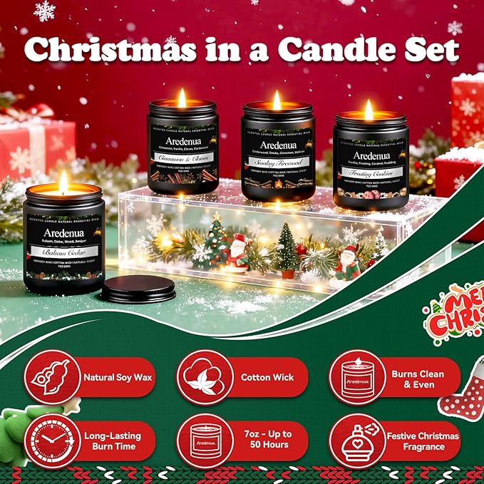 Christmas Candles Set | 4 Pack Christmas Scented Candles - 7oz Soy Candle for Home, Holiday Scented of Balsam Cedar, Frosting Cookies, Cinnamon & Cloves, Smokey Wood - Winter Gifts for Women Men
