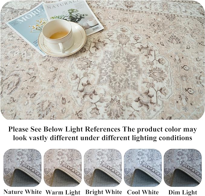 10x14 Washable Vintage Area Rug - Large Rugs for Living Room Soft Stain Resistant Carpet with Non-Slip Backing Low Pile Water Resistant Rug for King Size Bed Pet Friendly Home Decor Mat(10x14 Beige)