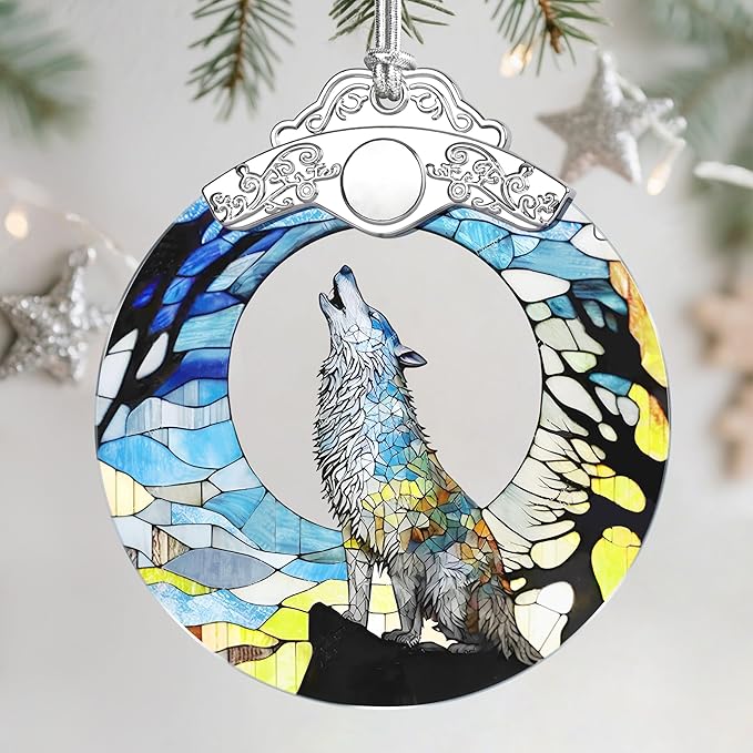 Christmas Ornaments: Stained Glass Ornament, Christmas Tree Ornament, Hanging Ornaments for Home Decor & Xmas Tree Decorations – Exquisite Holiday Decor, Gifts & Holiday Present - Wolf