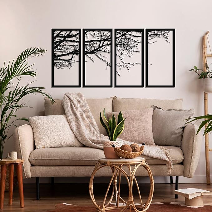 DEKADRON Metal Wall Art - Tree of Life 4 Pieces, Tree Sign, Wall Decor, Interior Decoration, Housewarming Gift, 4 Panels Wall Hangings (69" W x 35" H / 175x88 cm)