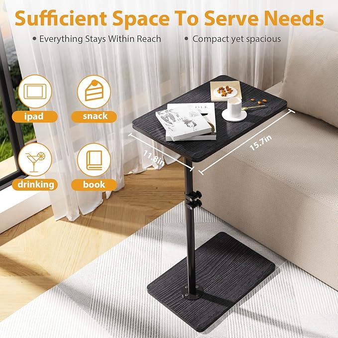 TV Tray Table, Adjustable C Shaped Side Table for Couch, 360°Swivel Couch Side Table C Table That Slide Under Couch Desk for Small Space Sofa Bed Snack Living Room Bedroom (Black)