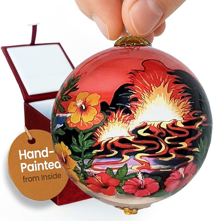 Collectible Hawaiian Glass Ornament Hand-Painted with Volcano and More with Gift Box VS/H
