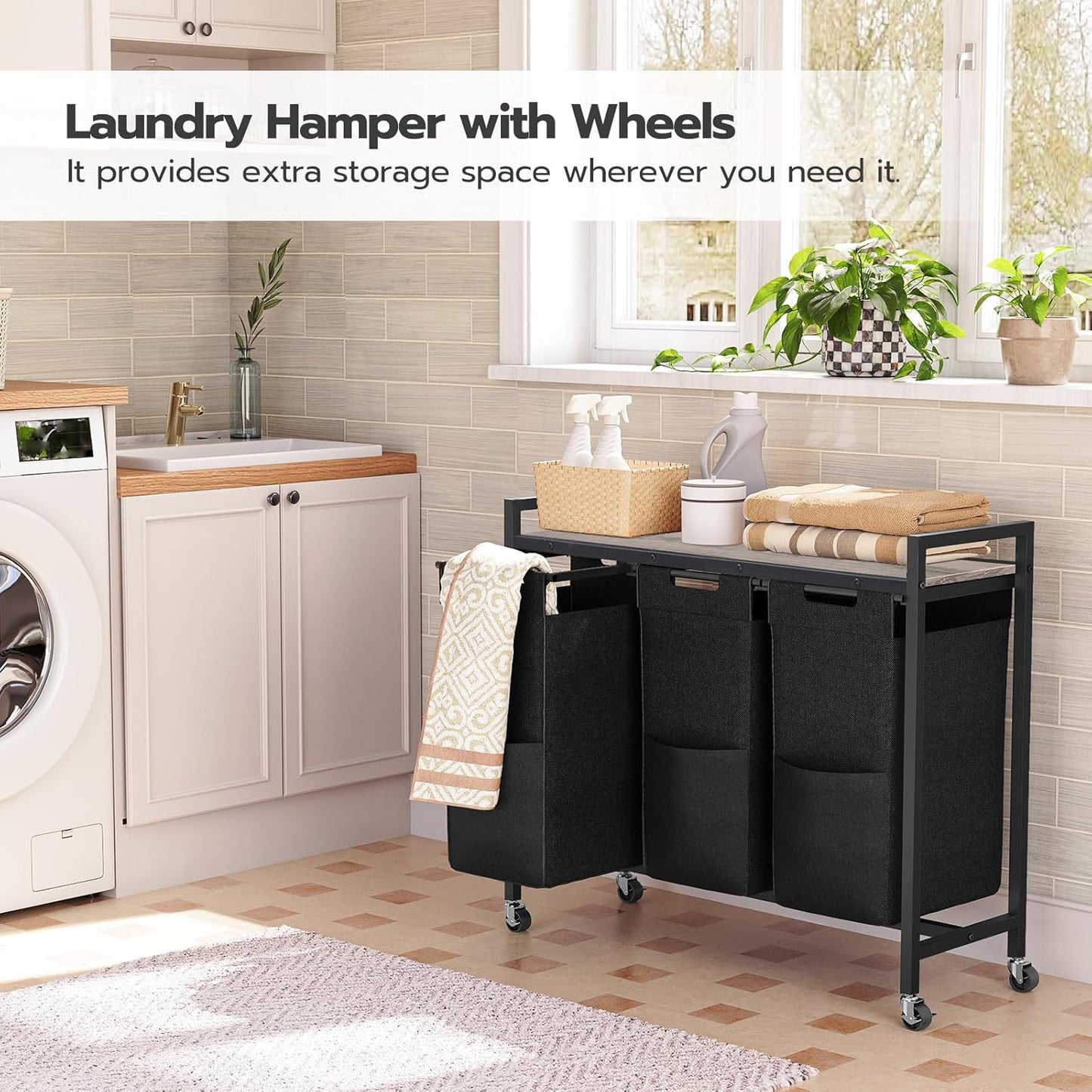 HOOBRO Laundry Sorter 3 Section, Laundry Hamper with Wheels, 3 × 11.5 Gal (43.4L), Rolling Laundry Basket, Pull-Out and Removable Oxford Fabric Bags, Greige and Black BG76XY01