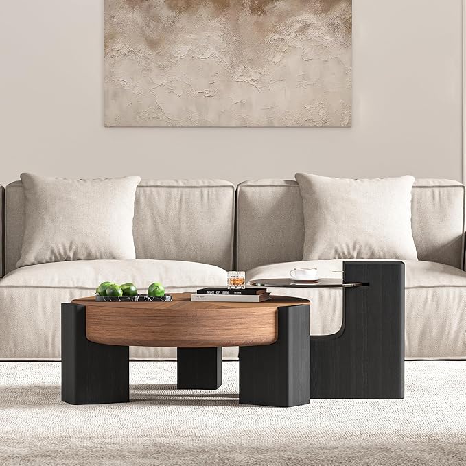 Round Wood Coffee Table Set of 2 Modern, Thickened Top & Leg Supports, Center Coffee Table and Glass Top End Table Sets for Living Room, Small Spaces, Home Office, Easy Assembly, Black & Walnut