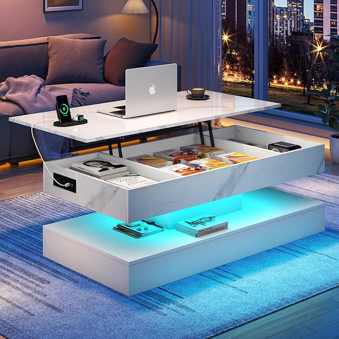 47.2" Large Lift Top Coffee Table with Charging Station, LED Modern High Glossy Center Table with Hidden Compartment Storage, White Lift Living Room Tables with Marbling Print, White