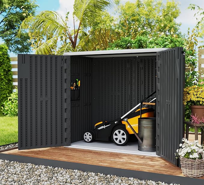 ZZM 37 Cu.ft Outdoor Storage Shed with Floor HDPE Double-Wall Resin Sheds Outdoor Storage, Lockable Weatherproof Storage Cabinet Fit for Garden Tools, Garage can, Bike, Patio Furniture, Black