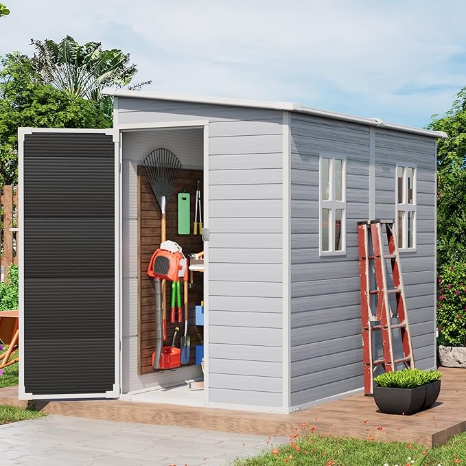 4x8 FT Plastic Storage Sheds Outdoor with Floor and Window, Lean to Resin Shed Easy to Install, Compact Sheds & Outdoor Storage/Tool Shed for Backyard Patio Lawn, Gray