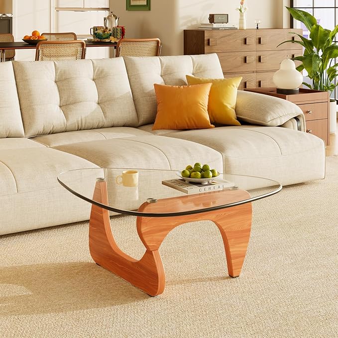 Coffee Tables Glass Small Farmhouse Coffee Table Mid-Century Modern Wood Center Table for Living Room, Walnut Transparent, 32 Inch