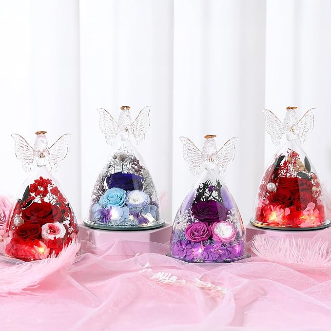 Christmas Rose Gifts for Women Preserved Real Flower in Glass Angel Figurines Roses for Delivery Prime Birthday Gifts for Mom Grandma Girlfriend Wife Her, Red Austin Roses