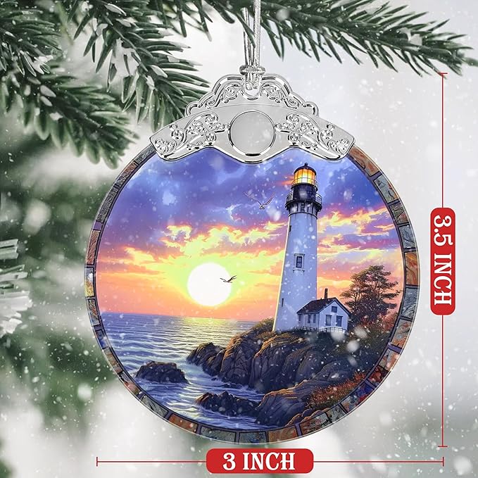 Christmas Decorations Ornaments, Stained Glass Ornament, Christmas Tree Ornaments, 2025 Gift Ornament, Xmas Gift for Friend Family Coworker - Lighthouse at Dusk