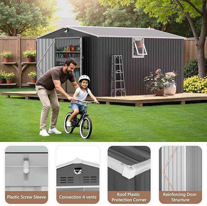 10x12 FT Outdoor Storage Shed, Metal Sheds & Outdoor Storage, Waterproof Sheds with Lockable Doors for Backyard (Black, with Window)