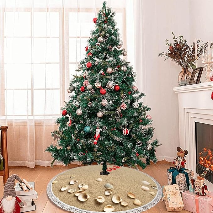 keepcute 48 Inch Beach Christmas Tree Skirt, Seashells on Sand Summer Beach Tree Mat with Tassel for Christmas Decorations for Xmas Party, Holiday