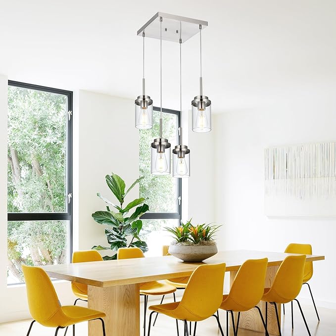 MELUCEE 4-Light Hanging Pendant Light Fixtures with Clear Glass Shade, Brushed Nickel Modern Chandelier Dining Room Light Fixtures Over Table Kitchen Island Lighting, Height Adjustable