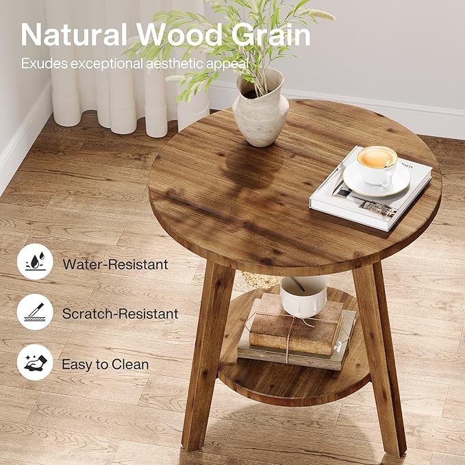 Solid Wood Round End Table, Sofa Side Table with Storage Shelf, Farmhouse Nightstand for Living Room, Bedroom, Easy Assembly (1)