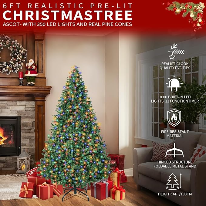 6FT Christmas Tree with Lights,Artificial Christmas Tree with 350 LED Lights and 1000 Branch Tips,Xmas Tree with Foldable Stand Perfect for Indoor&Outdoor,Christmas Decoration for Party by DNKMOR